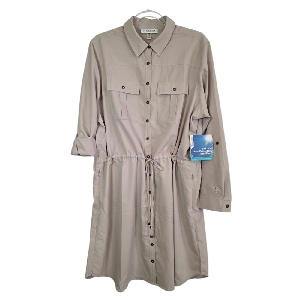 Coolibar Women XL Travel Shirt Dress Tan UPF 50+ Sun Protection Button Front NWT